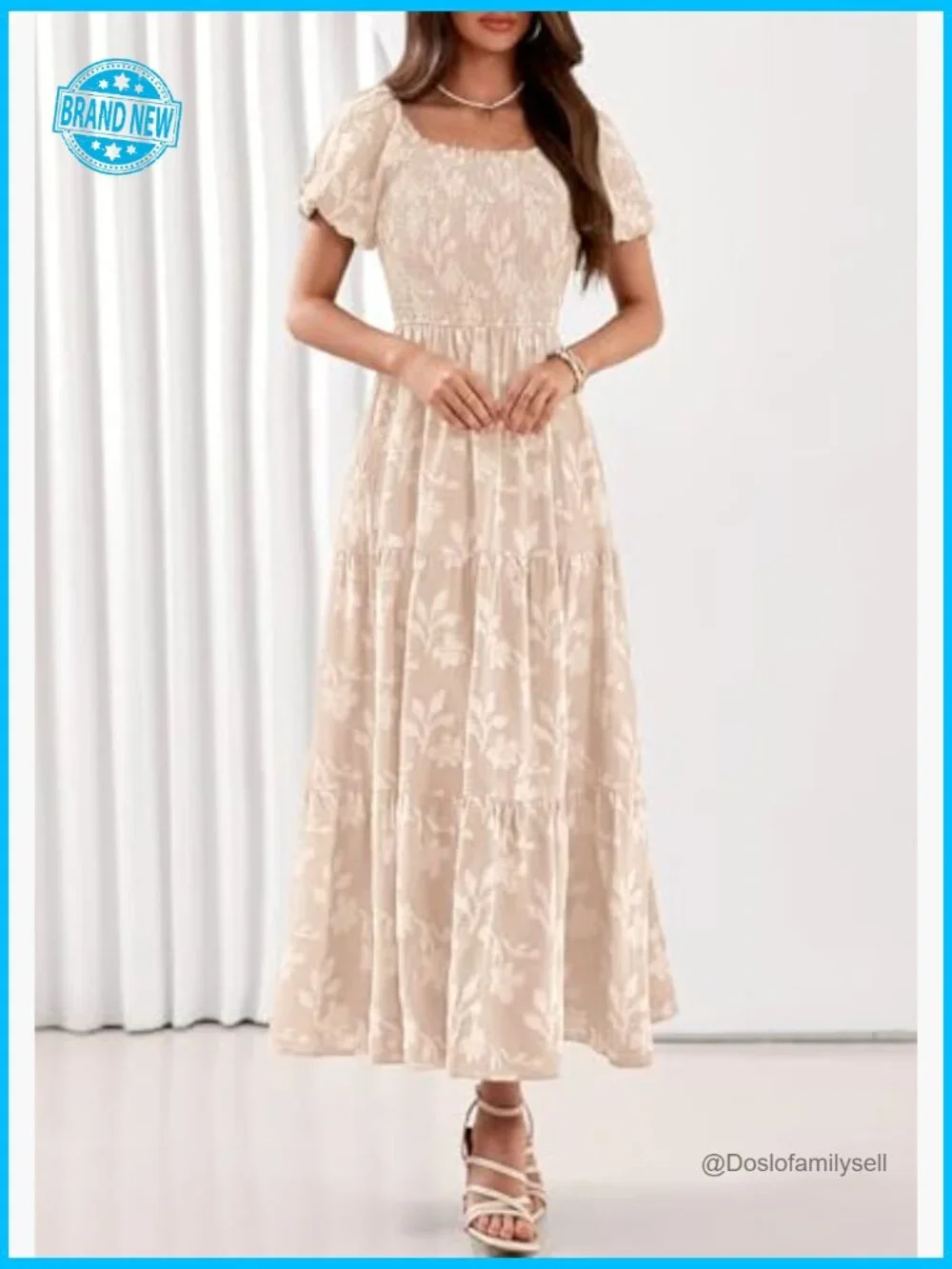 Boho Maxi Dress Floral Square Neck Smocked Bodice Flowy Tiered Summer - Picture 5 of 7